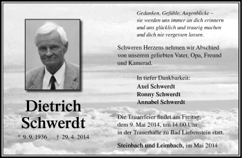 Traueranzeige von Dietrich Schwerdt von Südthüringer Presse
