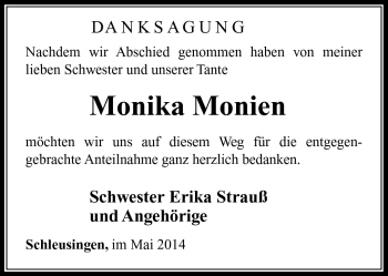 Traueranzeige von Monika Monien von Südthüringer Presse