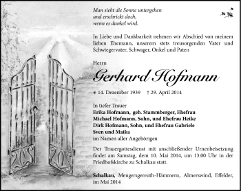 Traueranzeige von Gerhard Hofmann von Südthüringer Presse