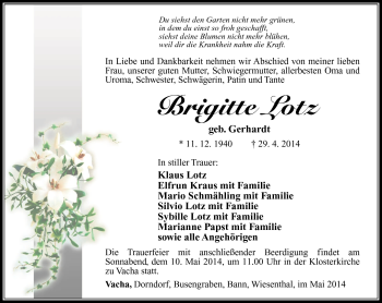 Traueranzeige von Brigitte Lotz von Südthüringer Presse