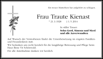 Traueranzeige von Traute Kienast von Frankenpost
