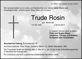 Traueranzeige von Trude Rosin von Neue Presse Coburg