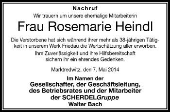 Traueranzeige von Rosemarie Heindl von Frankenpost