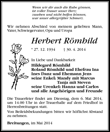 Traueranzeige von Herbert Römhild von Südthüringer Presse