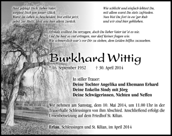 Traueranzeige von Burkhard Wittig von Südthüringer Presse