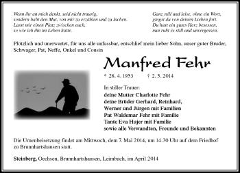 Traueranzeige von Manfred Fehr von Südthüringer Presse