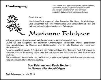 Traueranzeige von Marianne Felchner von Südthüringer Presse