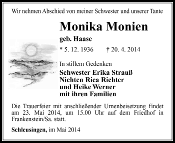 Traueranzeige von Monika Monien von Südthüringer Presse