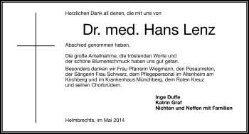 Traueranzeige von Hans Lenz von Frankenpost