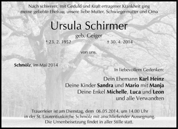 Traueranzeige von Ursula Schirmer von Neue Presse Coburg
