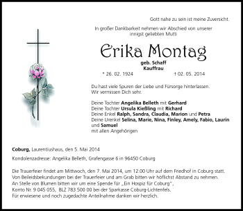 Traueranzeige von Erika Montag von Neue Presse Coburg