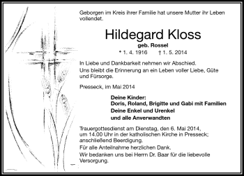 Traueranzeige von Hildegard Kloss von Frankenpost