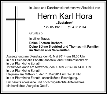 Traueranzeige von Karl Hora von Frankenpost