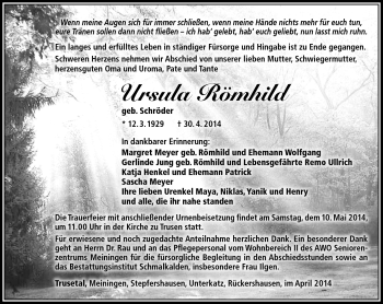 Traueranzeige von Ursula Römhild von Südthüringer Presse