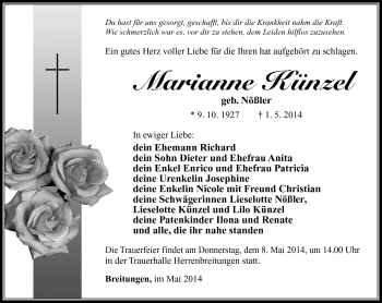 Traueranzeige von Marianne Künzel von Südthüringer Presse