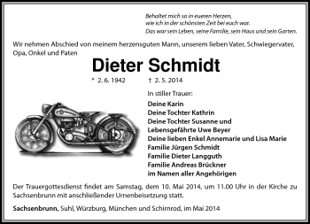 Traueranzeige von Dieter Schmidt von Südthüringer Presse
