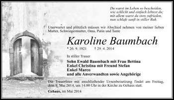 Traueranzeige von Karoline Baumbach von Südthüringer Presse