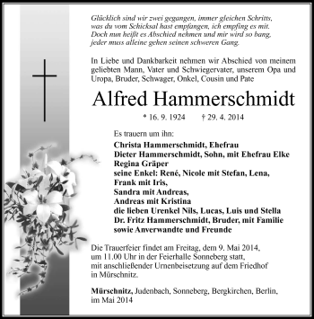 Traueranzeige von Alfred Hammerschmidt von Südthüringer Presse