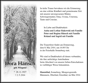 Traueranzeige von Dora Hänsch von Südthüringer Presse