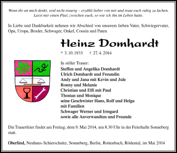 Traueranzeige von Heinz Domhardt von Südthüringer Presse