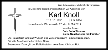 Traueranzeige von Karl Knoll von Frankenpost