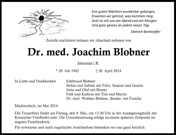 Traueranzeige von Joachim Blobner von Neue Presse Coburg