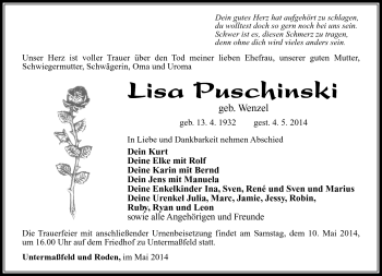 Traueranzeige von Lisa Puschinski von Südthüringer Presse