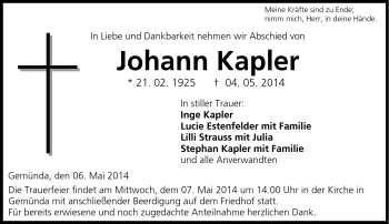 Traueranzeige von Johann Kapler von Neue Presse Coburg