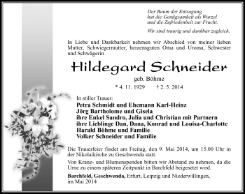 Traueranzeige von Hildegard Schneider von Südthüringer Presse