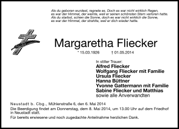 Traueranzeige von Margaretha Fliecker von Neue Presse Coburg