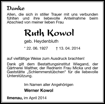 Traueranzeige von Ruth Kowol von Südthüringer Presse