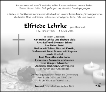 Traueranzeige von Elfriede Lehrke von Südthüringer Presse