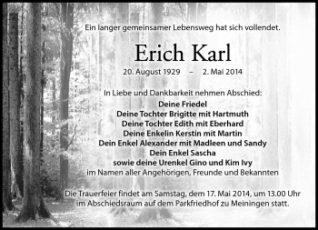 Traueranzeige von Erich Karl von Südthüringer Presse