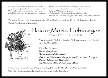 Traueranzeige von Heide-Marie Hohberger von Frankenpost