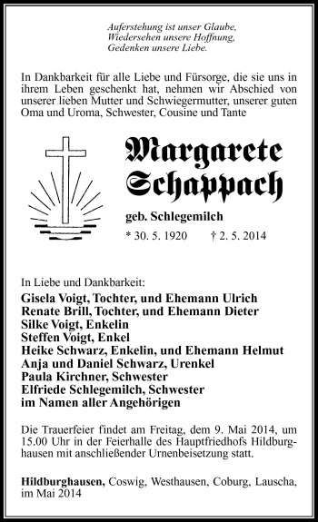 Traueranzeige von Margarete Schappach von Südthüringer Presse