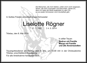 Traueranzeige von Liselotte Rögner von Frankenpost