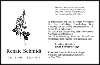 Traueranzeige von Renate Schmidt von Südthüringer Presse