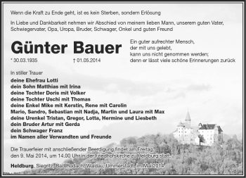Traueranzeige von Günter Bauer von Südthüringer Presse