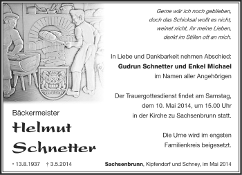 Traueranzeige von Helmut Schnetter von Südthüringer Presse