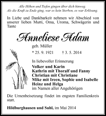 Traueranzeige von Anneliese Adam von Südthüringer Presse