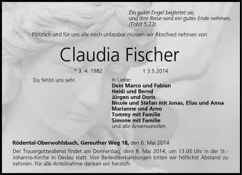 Traueranzeige von Claudia Fischer von Neue Presse Coburg