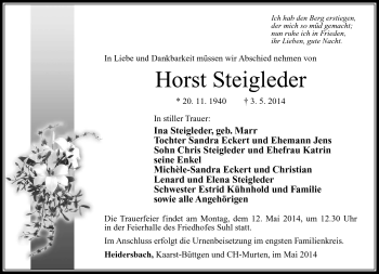 Traueranzeige von Horst Steigleder von Südthüringer Presse