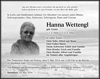Traueranzeige von Hanna Wettengl von Südthüringer Presse