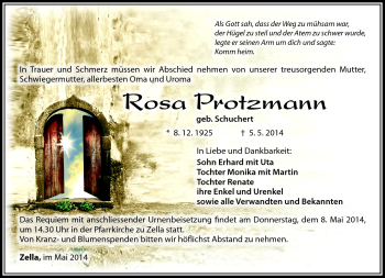 Traueranzeige von Rosa Protzmann von Südthüringer Presse