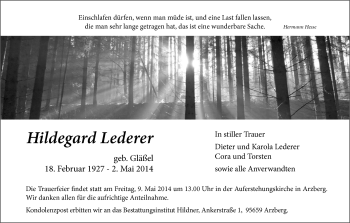 Traueranzeige von Hildegard Lederer von Frankenpost