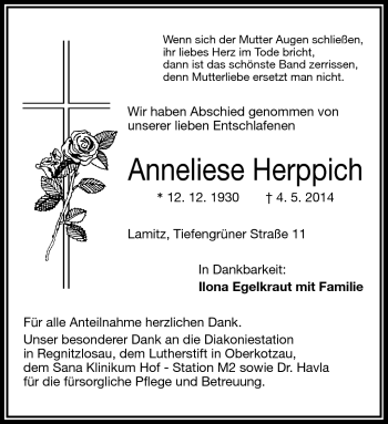 Traueranzeige von Anneliese Herppich von Frankenpost
