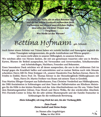 Traueranzeige von Bettina Hofmann von Südthüringer Presse
