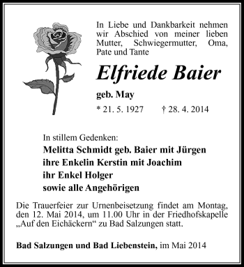 Traueranzeige von Elfriede Baier von Südthüringer Presse