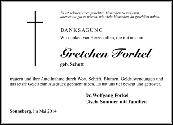 Traueranzeige von Gretchen Forkel von Südthüringer Presse