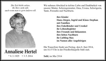 Traueranzeige von Annaliese Hertel von Südthüringer Presse